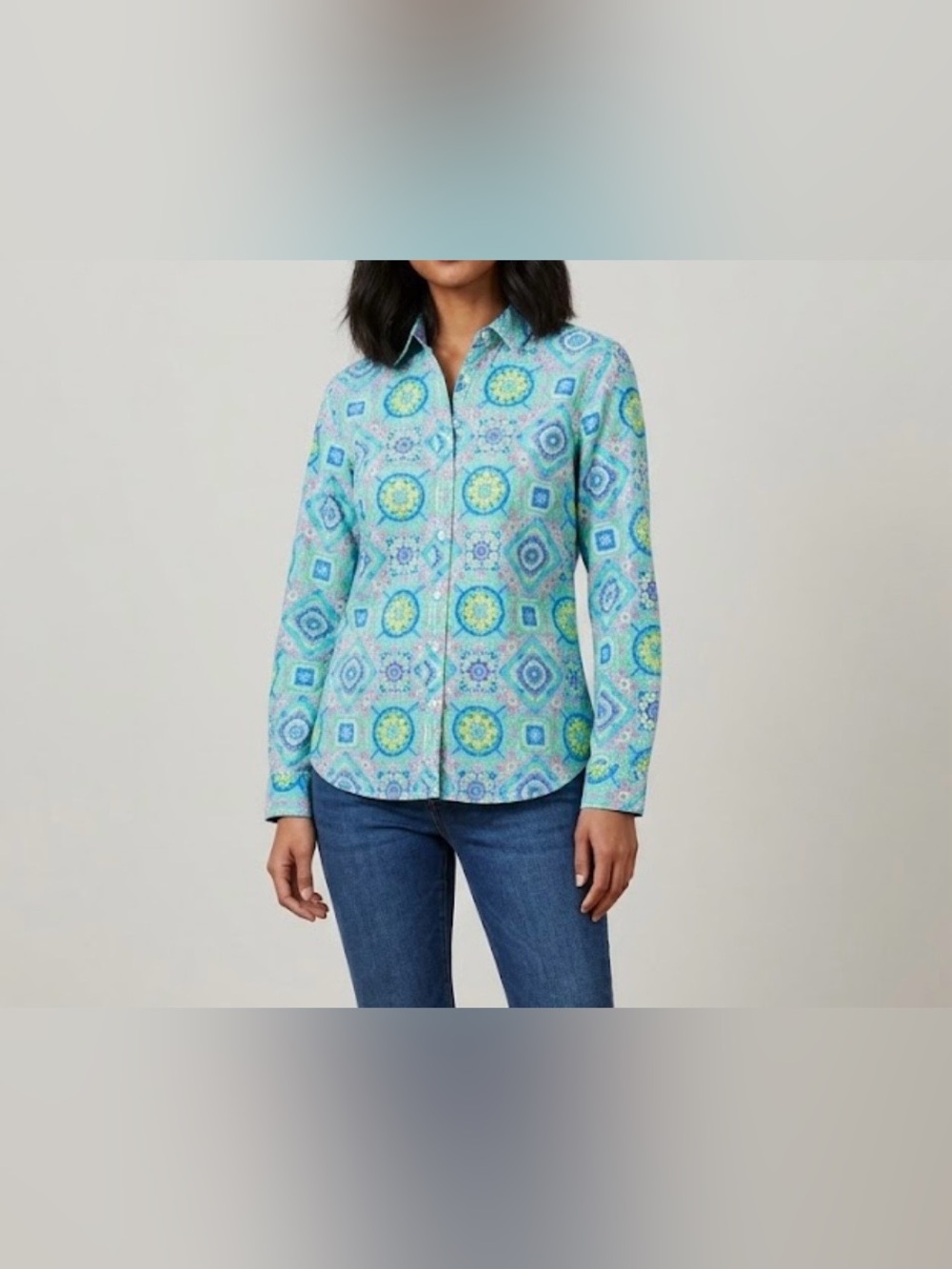 Talbots Geometric Medallion Mosaic Print Button Up Shirt Size PM Petite Vintage